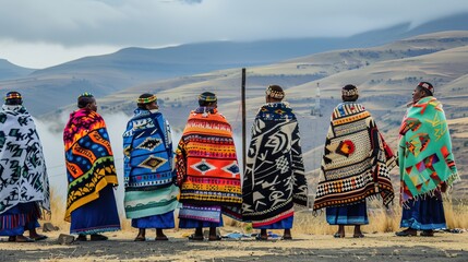African women Bantu nation Basotho tribe in modern handmade traditional colorful blankets are dancing in the village. Tribal ritual before the Lesotho King birthday .

