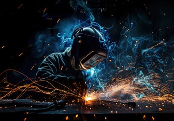 A worker wearing a protective mask welds. Generate AI image