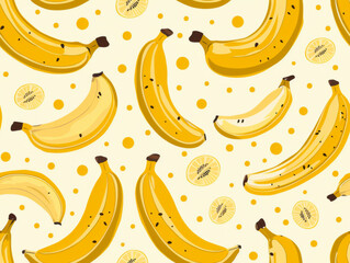 Seamless pattern featuring ripe bananas and polka dots on a light background.