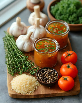 tomato sauce in a glass jar and ingredients on a wooden background, top view, vertical