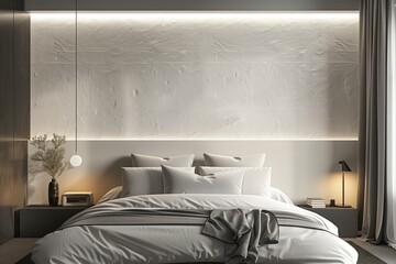 Minimalist Bedroom with a Monochromatic, Textured Wall and Understated Elegance