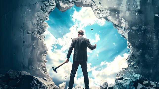 Man with a sledgehammer breaks through a wall unveiling a blue sky. Suits, success, and determination. Overcoming obstacles concept. AI