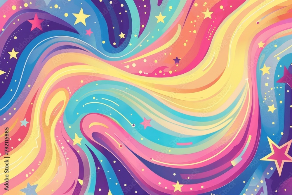 Poster colorful psychedelic background with swirling waves and stars retro groovy pattern for tshirt print,