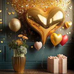 Colourful gold helium valentine's heart balloon and smaller balloons. inside a party room with glitter, flowers and gifts