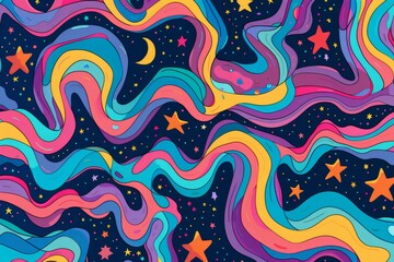 Abstract psychedelic background with swirling waves and stars Colorful cartoon pattern for design, print, or packaging decoration Generative AI - obrazy, fototapety, plakaty