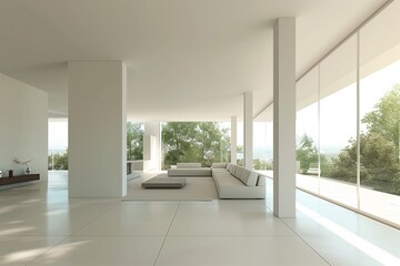 Fototapeta premium Minimalist Bungalow with Clean Lines, Open Floor Plan, and Floor-to-Ceiling Windows