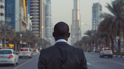 An established young african businessman walking down Sheik Zayed Road.Dubai. Backview.  