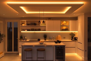Fototapeta premium Minimalist Ceiling with Hidden Lighting in a Chic Open-Plan Kitchen