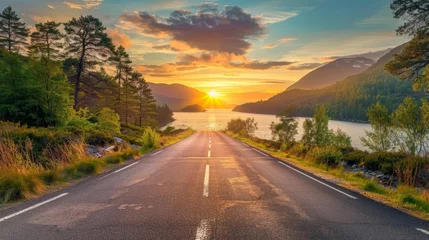 Foto auf Acrylglas adventurethemed empty road leading to lake at sunset stunning landscape vista © Bijac