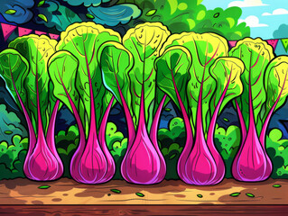Vibrant illustration of bok choy with a whimsical, cartoonish style set against a forest backdrop. - obrazy, fototapety, plakaty