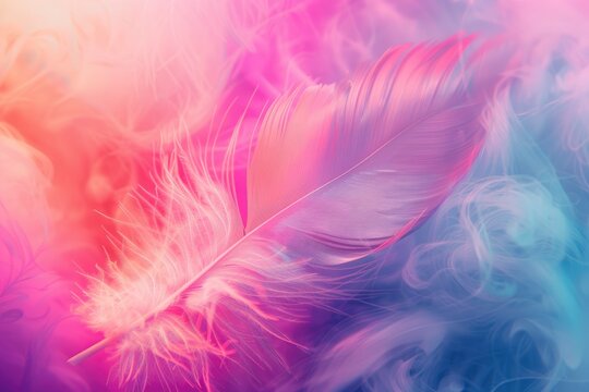 Abstract feather rainbow patchwork background. Closeup image of white fluffy feather under colorful pastel neon foggy mist. Fashion Color Trends Spring Summer 2024 - generative ai