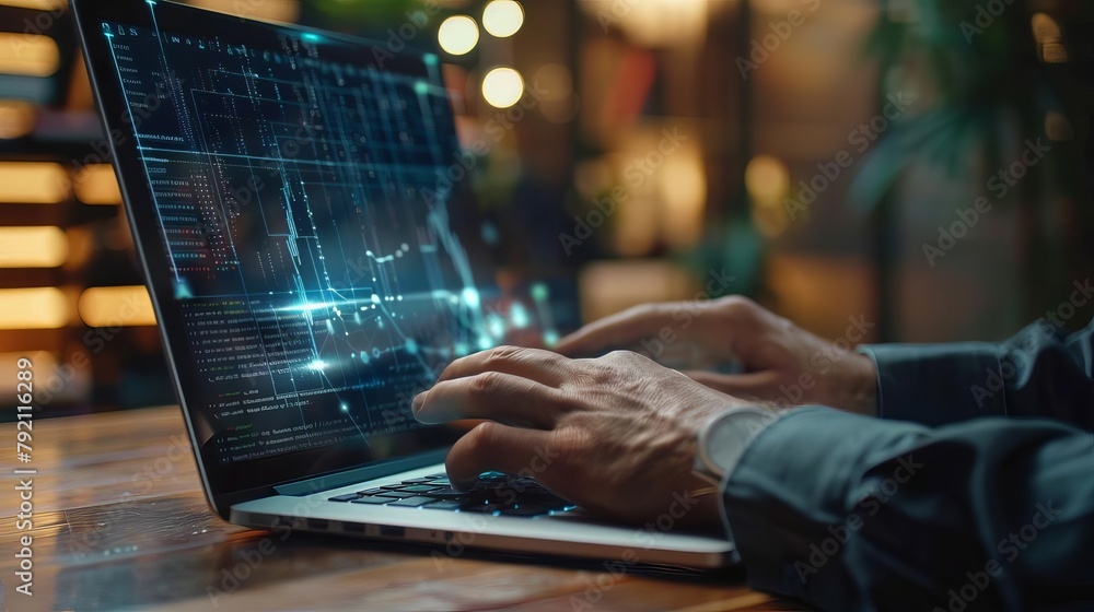 Poster businessman downloading files or installing software on laptop cloud storage and cyber security conc