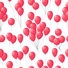 Cartoon balloons pattern. Glossy red balloons Birthday party decor, hand drawn holidays air balloon decorations flat vector illustration. Helium balloons endless background