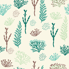 Blue and green sea life plants seamless repeat pattern with cream background