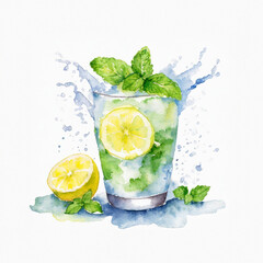 Fototapeta premium Watercolor depiction of a mojito cocktail with lemon and mint, exuding a fresh, artistic vibe
