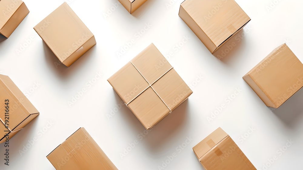Poster top view of multiple cardboard boxes on white background. simple and clean design for logistics. per