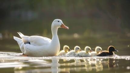 Duck with her ducklings in a calm lake in high resolution and high quality. concept animals, babies