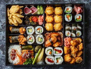 A tray of assorted sushi and other Asian food