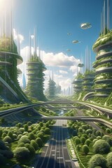 Naklejka premium Futuristic Cityscape With Green Towers and Flying Vehicles