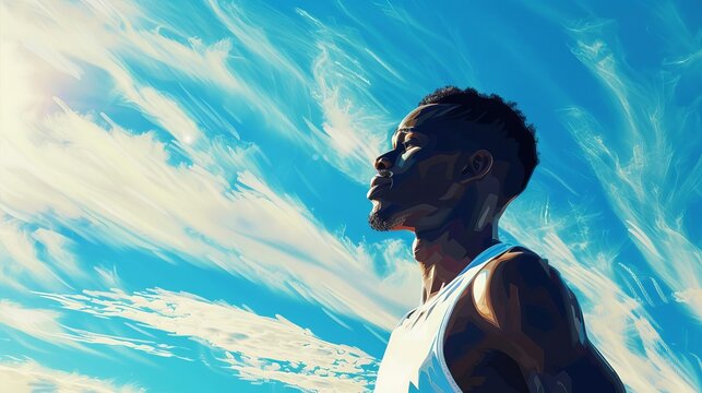 determined african american athlete smiling after marathon training blue sky backdrop copy space fitness motivation digital painting