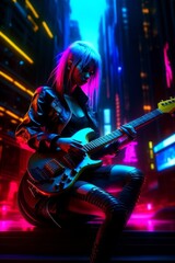 Fototapeta na wymiar A girl in a cyberpunk city by night.