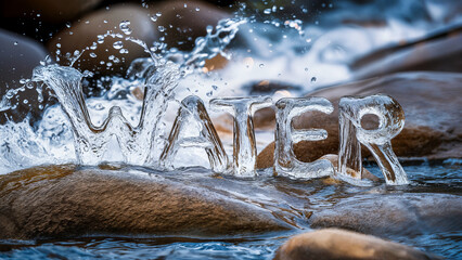 River stream with splashing droplets and flowing aqua letters forming the word 'water' with crystal clear translucency over slippery rocky pebbles. - obrazy, fototapety, plakaty