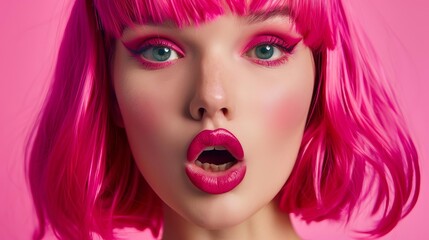 expressive woman with vibrant pink wig wide open mouth and bold pink lips makeup beauty portrait - obrazy, fototapety, plakaty