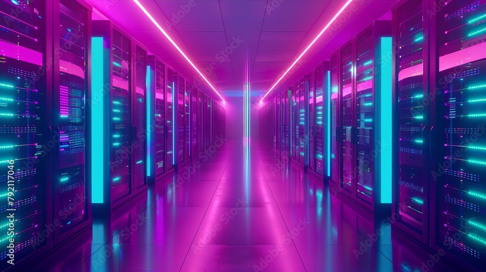 Poster futuristic data center with rows of colorful neonlit server racks and fiber optic cables technology 