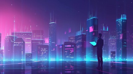 futuristic cityscape with modern buildings and person using digital tablet hologram technology concept illustration