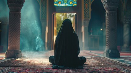 Backview of Unrecognized muslim woman praying.

 - obrazy, fototapety, plakaty