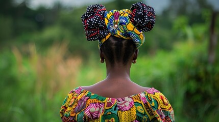 Backview Portrait of a Muhacaona woman in her traditional colorful dress, Oncocua, Angola .

 - obrazy, fototapety, plakaty