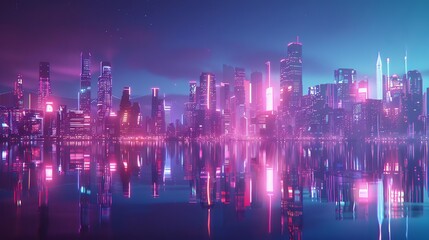 futuristic neonlit metropolis at night vibrant city lights reflecting in water 3d illustration