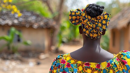 Backview Portrait of a Muhacaona woman in her traditional colorful dress, Oncocua, Angola .

