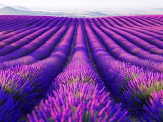 A field of purple lavender flowers. The field is very green and the sky is blue