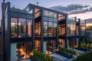 Modern Urban Townhome with Sleek Glass Facades and Rooftop Garden