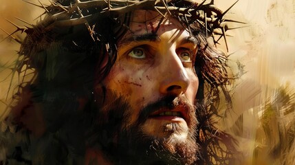 intense portrait of jesus christ with crown of thorns religious digital painting