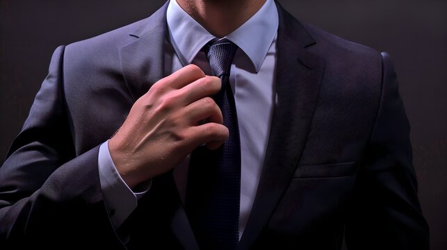 Close-up of a professional man adjusting his tie. Perfect image for business themes. Ideal for corporate branding. Great for marketing materials. AI
