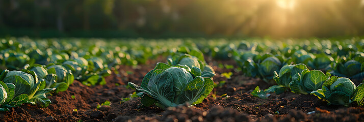 Cabbage plantation in a rural field, showcasing eco-friendly organic agriculture. - obrazy, fototapety, plakaty