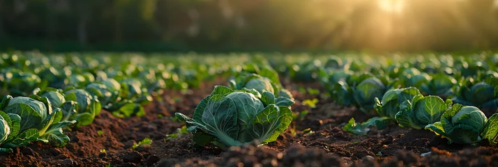 Deurstickers Cabbage plantation in a rural field, showcasing eco-friendly organic agriculture. © ELmahdi-AI