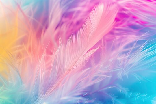 Abstract feather rainbow patchwork background. Closeup image of white fluffy feather under colorful pastel neon foggy mist. Fashion Color Trends Spring Summer 2024 - generative ai