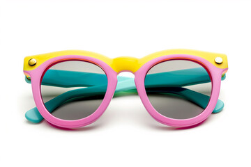 Stylish sunglasses with colorful frames for kids, isolated on a solid white background