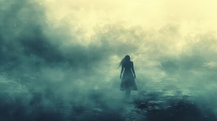 Obraz premium mysterious steampunk woman walking through thick fog dark fantasy illustration