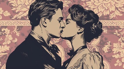 timeless victorian couple sharing passionate kiss classic noir attire gibson era love and romance vintage style illustration - obrazy, fototapety, plakaty