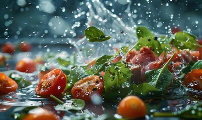Juicy shot of chopped vegetables, herbs and meat, with dynamic splashes of water, on a dark background