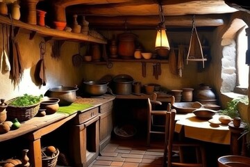 Rustic Kitchen With Wooden Cabinets and Stone Walls