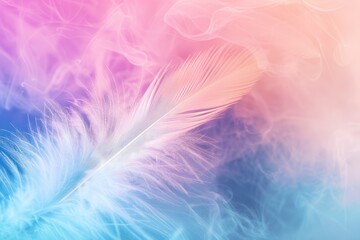 Abstract feather rainbow patchwork background. Closeup image of white fluffy feather under colorful pastel neon foggy mist. Fashion Color Trends Spring Summer 2024 - generative ai - obrazy, fototapety, plakaty