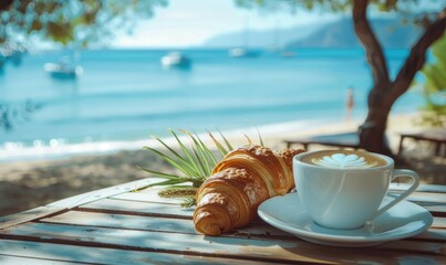 A cup of coffee and croissant, on a wooden table in a terrace in front of beach