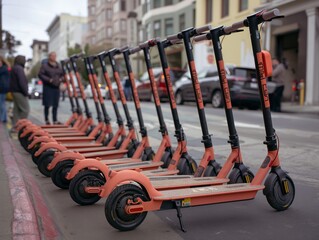 Fototapeta na wymiar A row of orange scooters are lined up on the street. The scooters are parked next to a curb and are ready for use