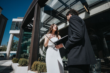 Two business professionals engage in a discussion outside a modern building in the city.