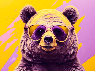 funny bear with sunglasses purple background generative AI